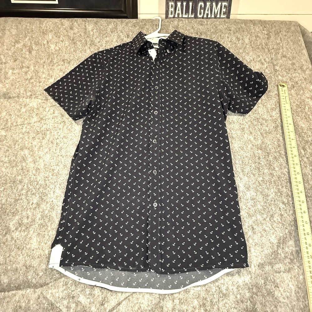 Fried Denim Mens Slim‎ Fit Navy Blue Anchor Print Short Sleeve Button Down Small